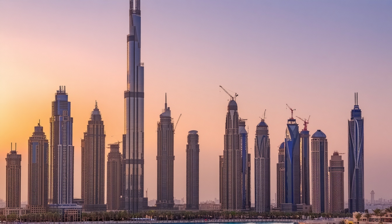 Dubai skyline featuring Burj Khalifa at sunset