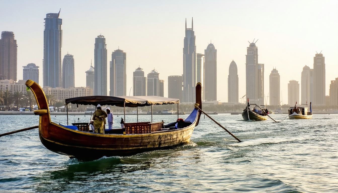 Traditional abra boat on Dubai Creek with cityscape