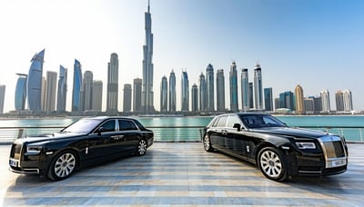 Dubai skyline with luxury transportation Dubai skyline with luxury transportation